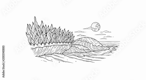 Stylized waves crash against a rocky shore with fiery reeds under a moonlit sky