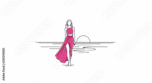 Stylized woman in a bright pink outfit walks by a stylized ocean sunset