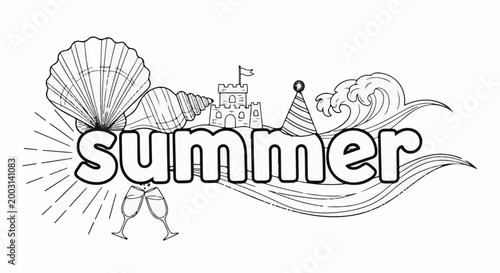 Summer graphic with shells, castle, wave, party hat, and champagne glasses