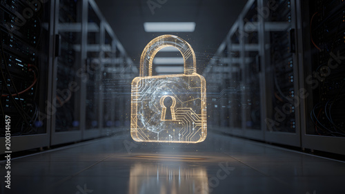 Futuristic padlock in server room for data security
