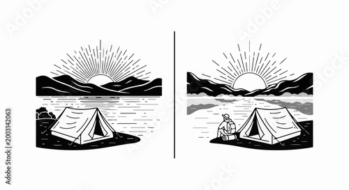 Stylized sunrise over mountains and water with camping tent, split image