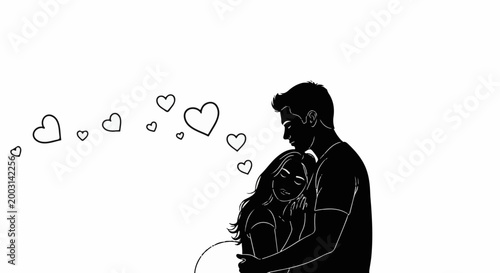 Tender embrace of a couple surrounded by floating hearts, conveying affection