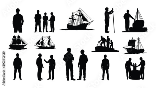 Silhouette collection of sailors ships and maritime scenes against a white background high quality professional detailed modern elegant stylish clean crisp