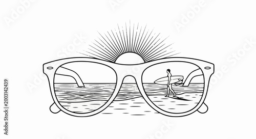 Sunglasses reflect a sun, ocean, and a person walking with a surfboard