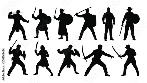 Silhouette collection of medieval warriors with swords and shields on a white background high quality professional detailed modern elegant stylish clean