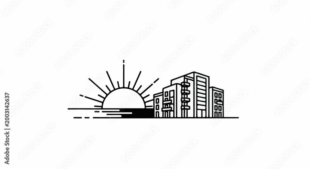 Naklejka premium Sunrise over modern buildings by the water