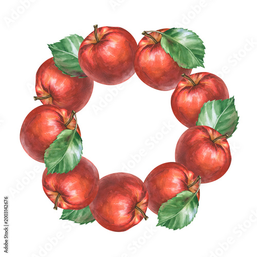 A botanical illustration depicting a wreath of ripe red apples and green leaves. This watercolor on an isolated background is suitable for creating harvest festival invitations, Thanksgiving cards