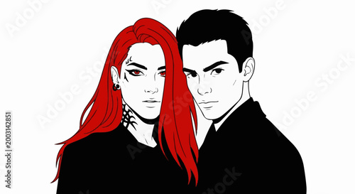 Stylized portrait of a striking couple with red hair and piercing eyes