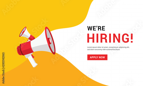 Yellow and white we are hiring banner with red megaphone announcing job recruitment vacancy apply now message