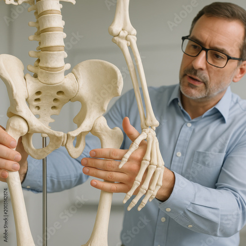 Focused anatomy instructor demonstrating pelvic bone movement on skeleton model during clinical teaching lesson. Man explaining human body structure in serious manner