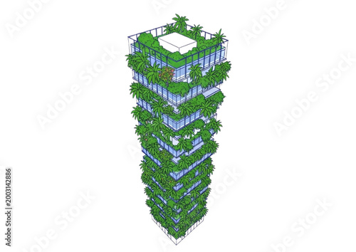 Modern green skyscraper with vertical gardens and rooftop oasis, sustainable urban living
