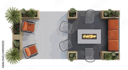 Down view of an outdoor patio seating area with fire pit and plants furniture chairs