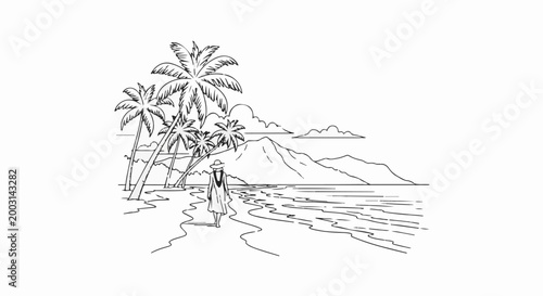 Tropical beach scene with a person walking along the shore near palm trees and mountains