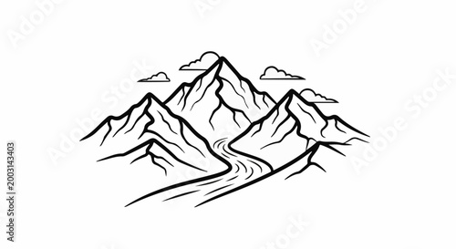 Stylized mountain range with a winding river and clouds