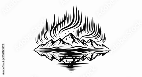 Stylized mountain range reflects in water under aurora borealis