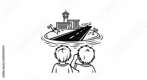 Two children look at an island airport with a plane on the runway