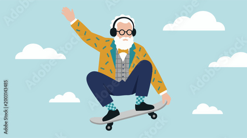 Cool elderly man skateboarding in the sky, active senior lifestyle illustration