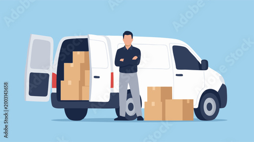 Delivery man standing by white van with packages and boxes