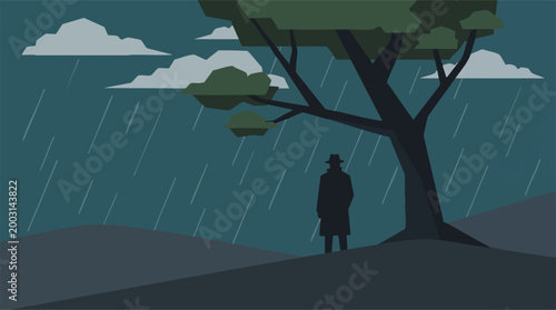 Solitary figure under a tree in the rain, moody flat design vector