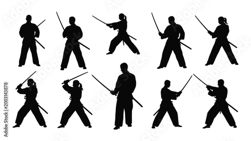 kendo silhouettes of martial artists practicing with swords on a white background high quality professional detailed modern elegant stylish clean crisp