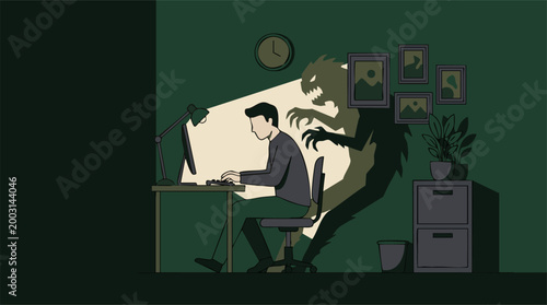 Man working on computer with monster shadow symbolizing stress and anxiety
