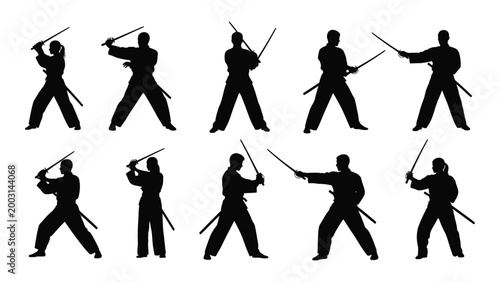 Silhouette of multiple kendo practitioners with swords in various fighting poses against a white background high quality professional detailed modern elegant