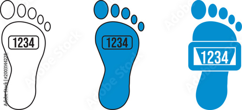 Set of three footprint icons with number 1234 displayed inside a rectangular label