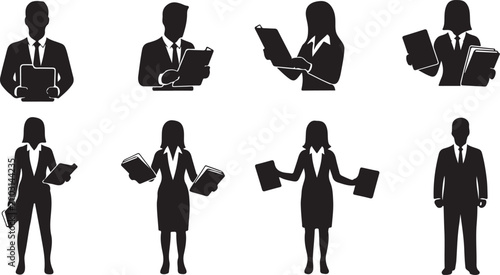 Black and white of business professionals in various poses business people attire suit