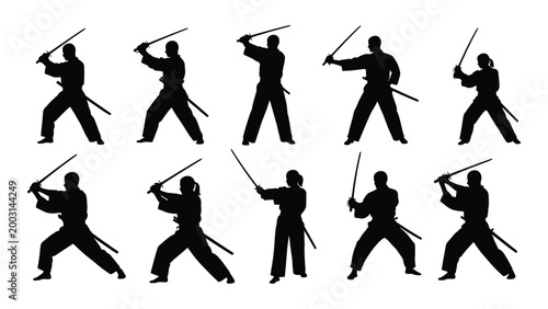 Silhouette of multiple martial artists practicing swordsmanship with katanas isolated on a white background high quality professional detailed modern elegant stylish