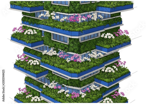 Green skyscraper with balconies filled with plants and flowers