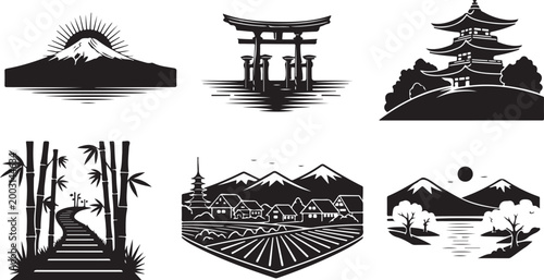 Black and white of traditional japanese symbols and koi fish carp bamboo