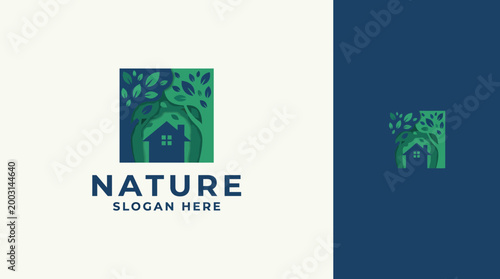 Photos A creatively designed logo featuring a house embraced by leaves symbolizes the importance of nature and sustainability in modern housing and architecture