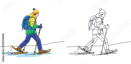 Man Hiking in Snow with Snowshoes and Backpack, Winter Outdoor Activity Coloring Page and Vector Illustration for Kids and Adults