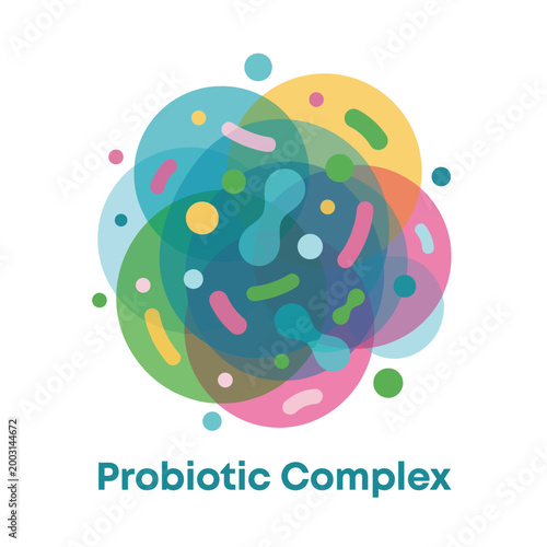 Canvastavla This abstract graphic representation of a probiotic complex uses vibrant colors and organic shapes, illustrating health benefits and microbiome diversity artfully