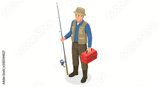 This illustration captures a fisherman holding a fishing rod and tackle box, highlighting the essence of leisure, outdoor activities, and passion for fishing in nature.
