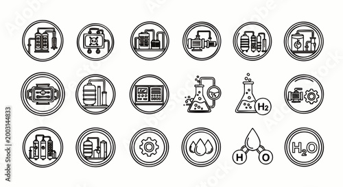 Modern line art icon collection for industrial processes, chemical engineering, manufacturing facilities, lab equipment, hydrogen, and water treatment.