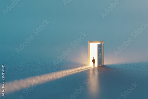 Silhouette of a man standing in a brightly lit open doorway