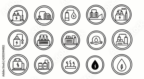 Collection of industrial power generation, renewable energy, and environmental resource management line art icons for sustainable development and factory processes.