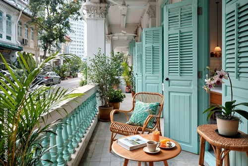 Colonial style balcony with potted plants, rattan furniture and turquoise shutters