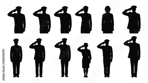 military personnel silhouettes saluting group of soldiers in uniform black vector illustration on white background high quality professional detailed modern elegant