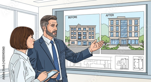 Real estate agent showing apartment building plans to a client.