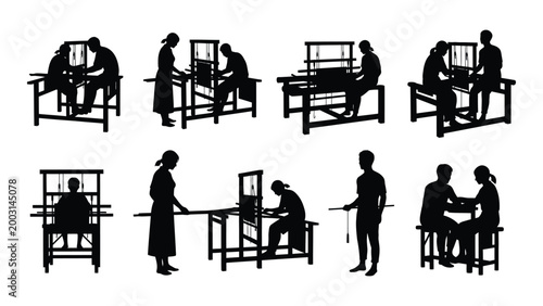 silhouette of people weaving on looms traditional craftspeople at work against a white background high quality professional detailed modern elegant stylish