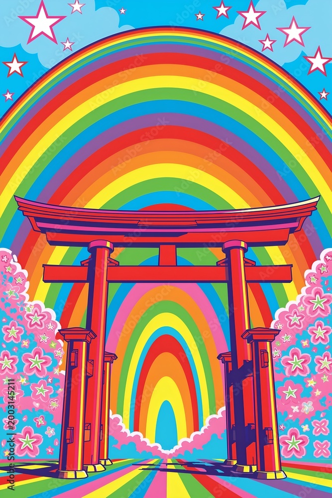 Fototapeta premium Colorful Rainbow and Japanese Torii Gate Illustration