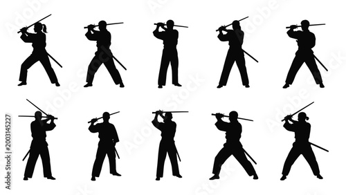 silhouette of multiple martial artists practicing swordsmanship with katanas on a white background high quality professional detailed modern elegant stylish clean