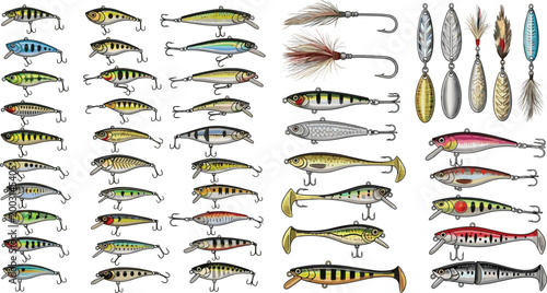 Fotografía Fishing Lures Collection Set with Crankbaits, Spinnerbaits, Jigs, and Artificial