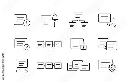 A set of review system logic UI icons for workflow automation, routing, and approval processes in web and app interfaces, created in line style with editable stroke