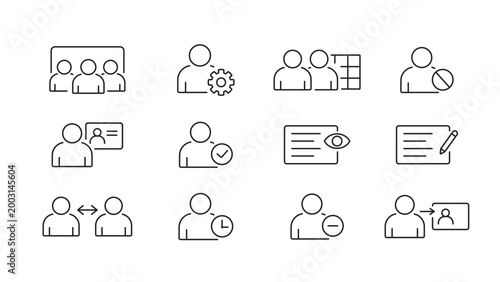 A set of access control and permission UI icons for user roles, authorization states, and account management in web and app interfaces, created in line style with editable stroke