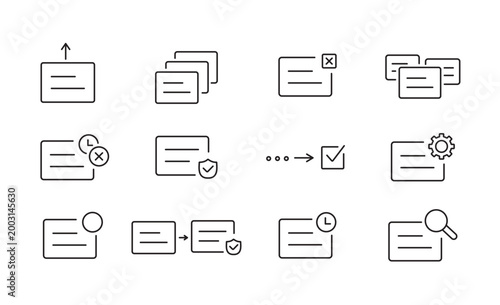 A set of access approval workflow UI icons for request handling, multi-step approvals, and decision processes in web and app interfaces, created in line style with editable stroke
