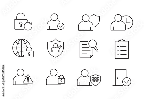 A set of access security control UI icons for authentication, session protection, and user verification in web and app interfaces, created in line style with editable stroke