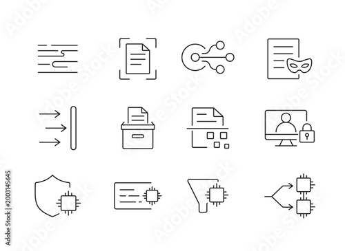 A set of AI data flow icons for managing input validation, prompt routing, data protection, and controlled output in intelligent systems, created in line style with editable stroke
